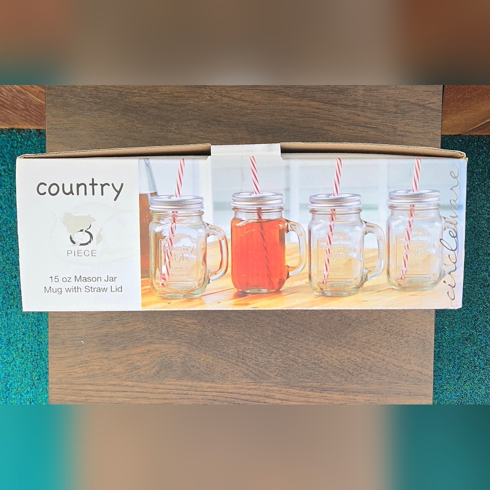 Country Mason Jars By Circleware - 15 oz. Set of 4 with lids & straws - NIB - Picture 6 of 6
